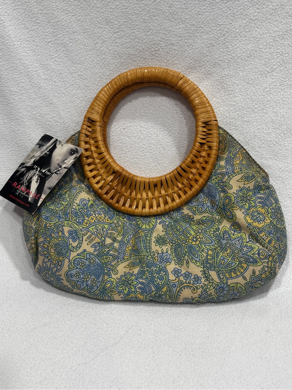 Rampage Floral Paisley purse with Woven Round Handles in Green and Tan